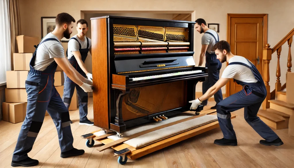 Professional movers carefully transporting a large upright piano on a sturdy dolly in a well-lit living room. They use secure padding and straps to protect the piano, with one mover stabilizing it while others guide it through a narrow passageway. The scene highlights the expertise and precision required for safely moving a piano through tight spaces, ensuring both the instrument and surroundings remain undamaged.