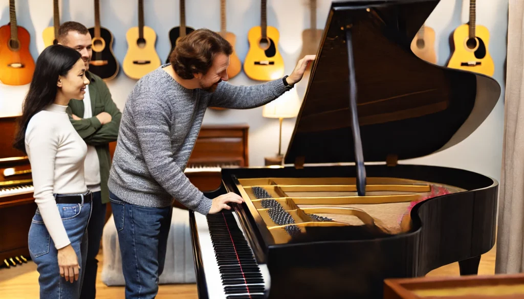 A person carefully inspecting a used piano in a cozy, well-lit showroom. They are examining the keys and interior strings while a potential buyer looks on, highlighting the importance of evaluating a piano's quality before purchase. The background features additional pianos and musical instruments, underscoring the thoughtful approach to choosing a secondhand piano.