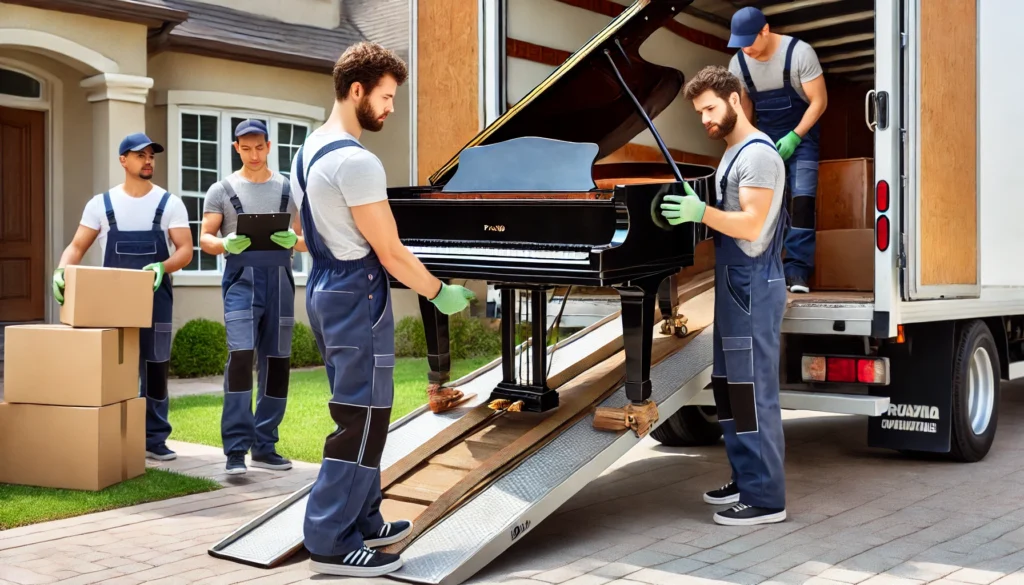 A professional moving team carefully lifting a grand piano onto a moving truck with a dolly and secure straps. The movers wear protective gear, emphasizing the care and labor involved in the piano moving process. One mover holds a clipboard displaying pricing information, highlighting the cost assessment aspect. The scene is set outdoors near a residential home with the moving truck in view, providing context for the expenses associated with piano moving