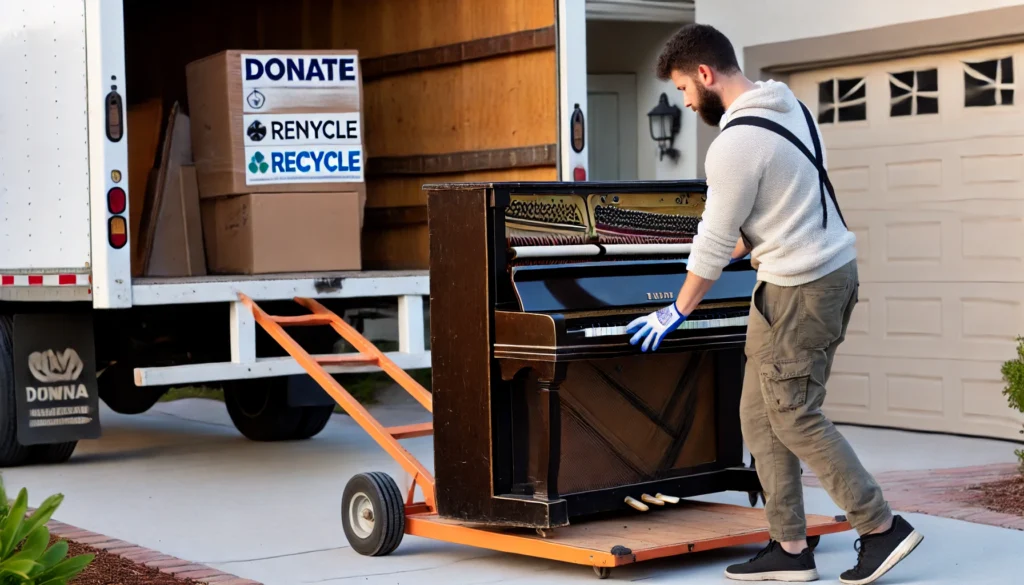 A mover carefully wheels an old upright piano out of a home on a dolly, with labels indicating options for disposal, donation, or recycling on a nearby truck. The person appears focused, illustrating the care needed in responsibly removing a piano. The scene is set on a residential driveway with a moving truck in view, highlighting the process and options available for piano disposal.