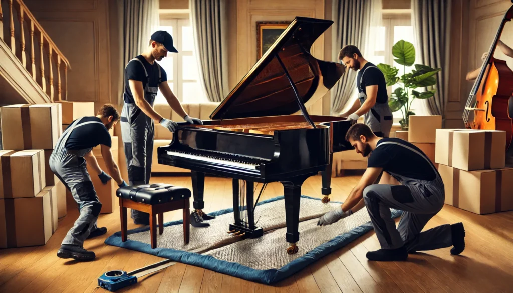 A professional moving team carefully positioning a piano in a spacious, well-lit living room. One mover adjusts the legs or pedals while another steadies the piano, highlighting the care taken in the setup process. They use protective padding, straps, and specialized tools, emphasizing the expertise required to safely move and set up a piano in its new location.