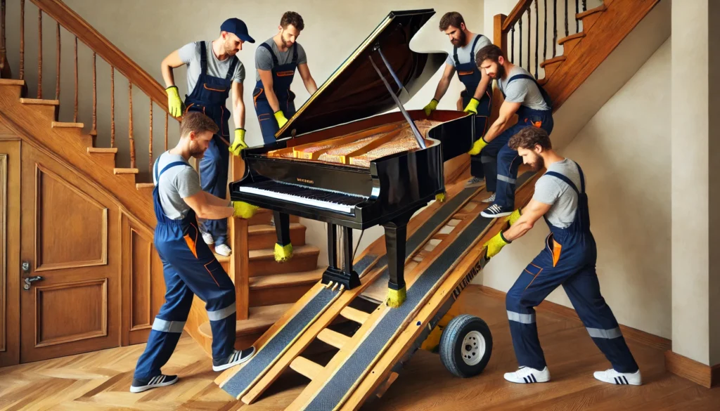 A team of professional movers in uniform carefully guiding a grand piano down a set of stairs using straps, padding, and a sturdy dolly. Their teamwork and precision highlight the specialized skills and equipment required to move a piano safely. The setting at a residential entrance emphasizes the challenges involved in piano moving, reinforcing the benefits of hiring a professional company